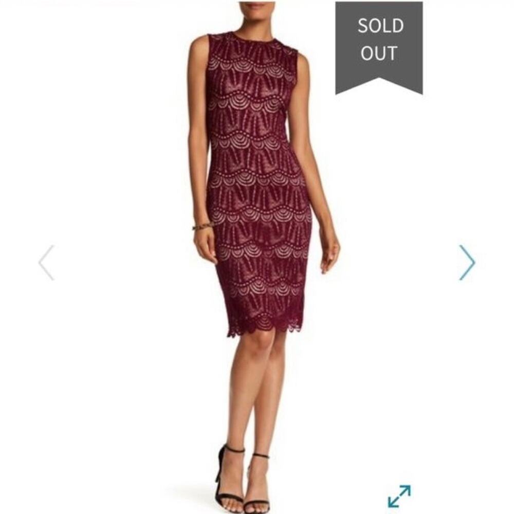 Sharagano Lace Sheath Lined Exposed Zipper Burgundy Dress Women’s Size 16